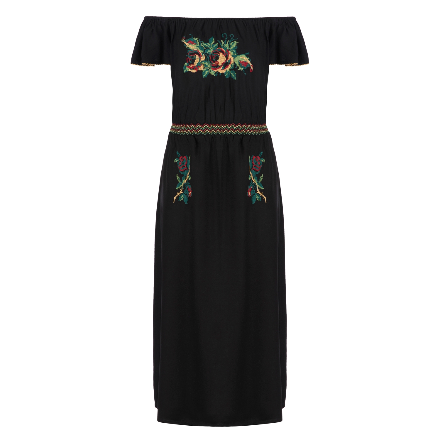 KANAVİÇE İŞLEMELİ MAXİ ELBİSE