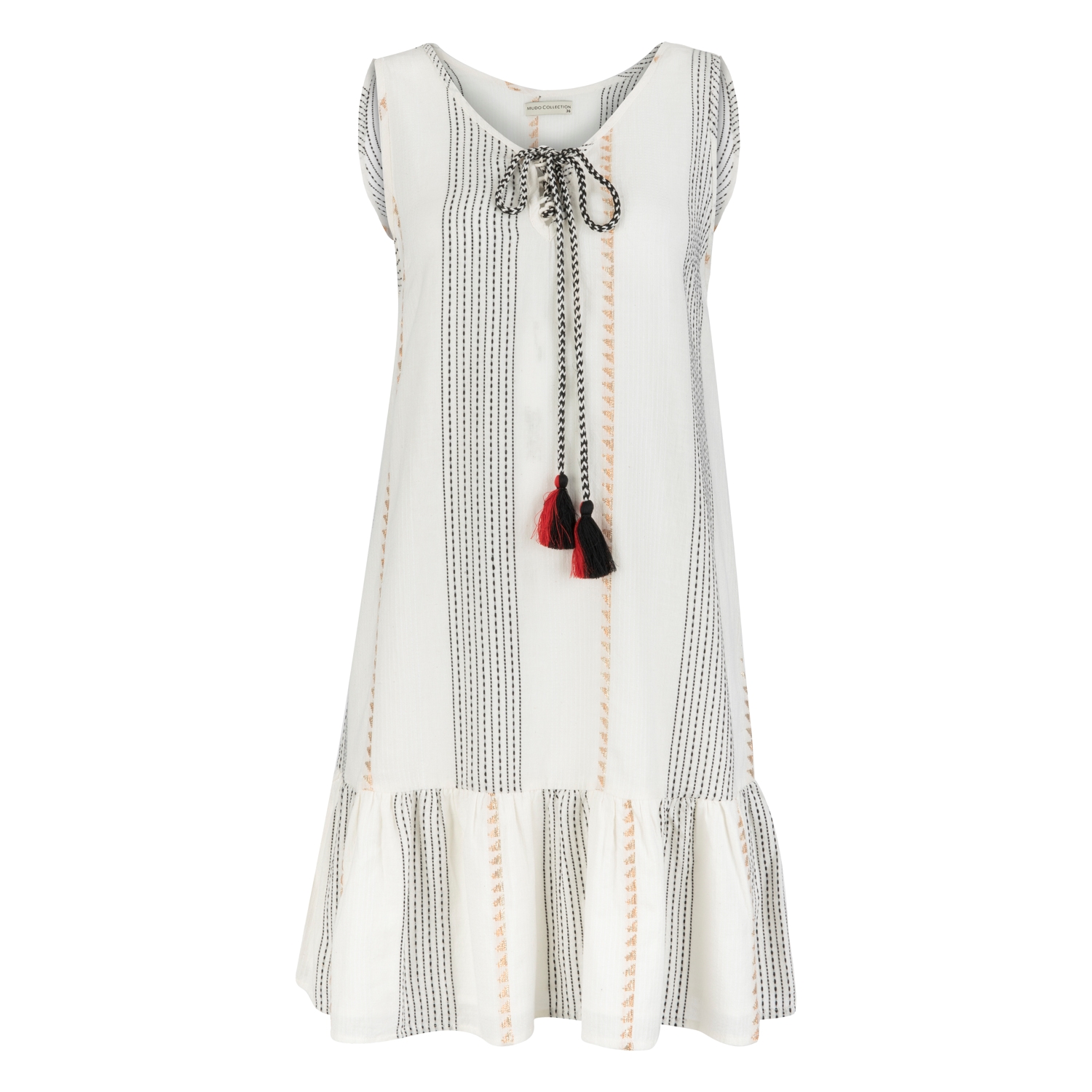 PÜSKÜL DETAYLI ÇİZGİLİ ELBİSE