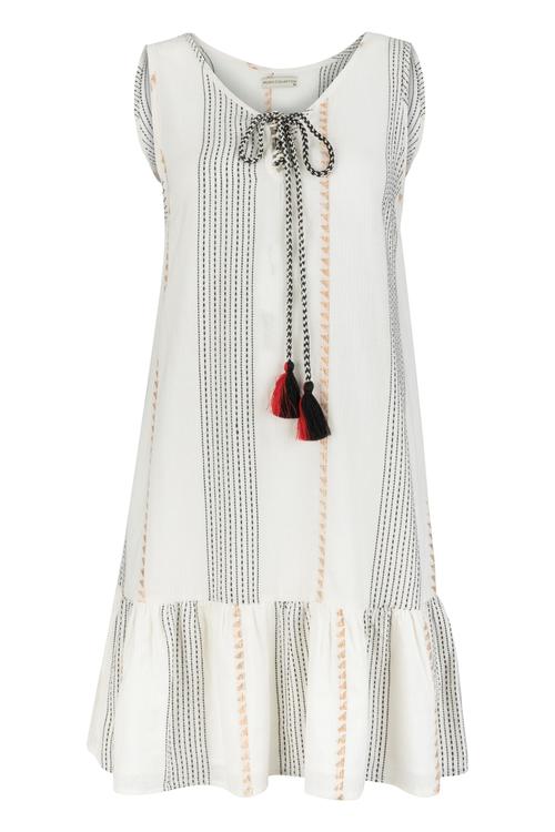  PÜSKÜL DETAYLI ÇİZGİLİ ELBİSE