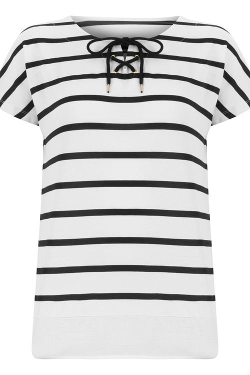  BAĞLAMA YAKALI ÇİZGİLİ KISA KOL T-SHİRT
