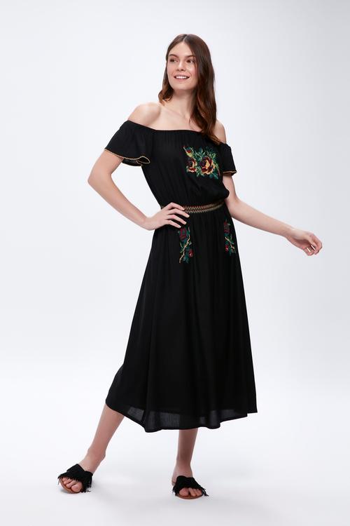  KANAVİÇE İŞLEMELİ MAXİ ELBİSE