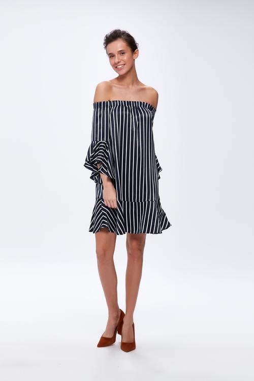  ÇİZGİLİ STRAPLEZ ELBİSE