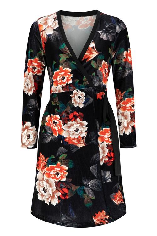  ÇİÇEK DESENLİ KADİFE ELBİSE