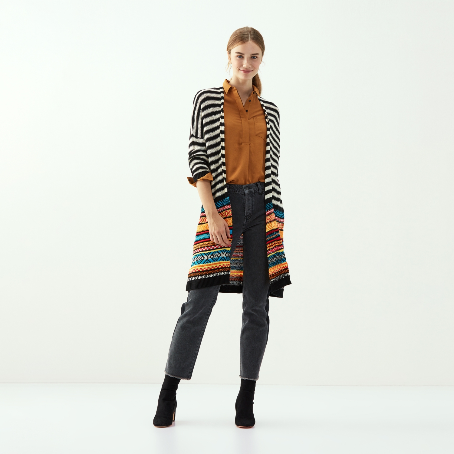 ÇİZGİLİ ETNİK DESENLİ UZUN HIRKA