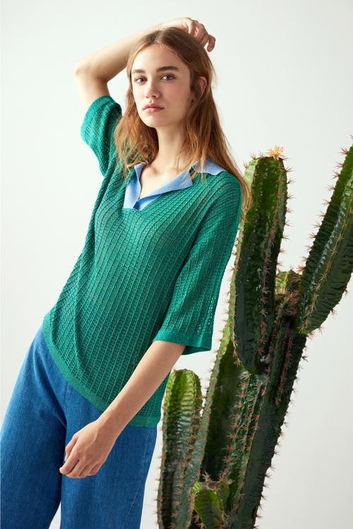  GÖMLEK YAKALI SİMLİ 3/4 KOL KAZAK