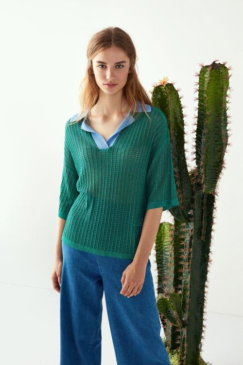  GÖMLEK YAKALI SİMLİ 3/4 KOL KAZAK