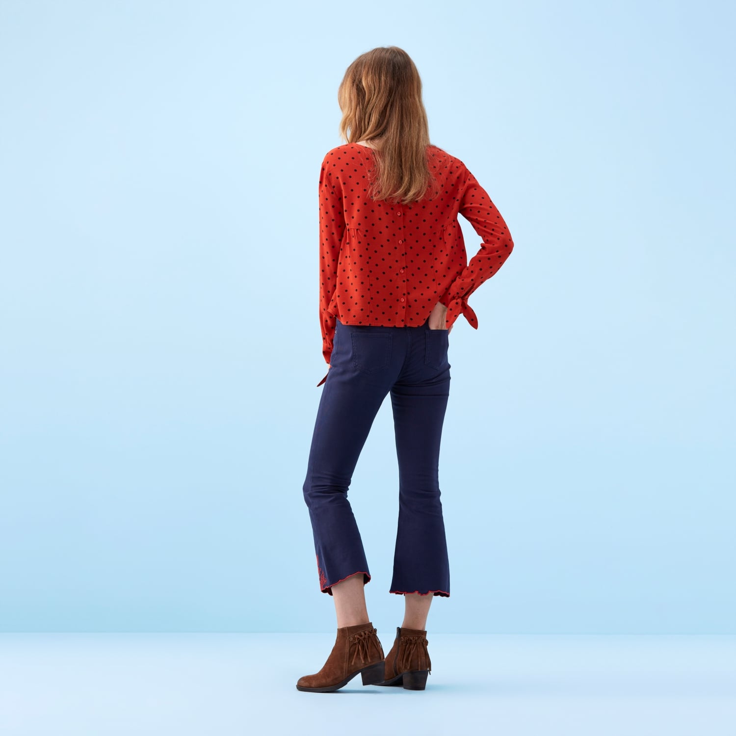 PAÇA İŞLEMELİ CROPPED JEAN PANTOLON