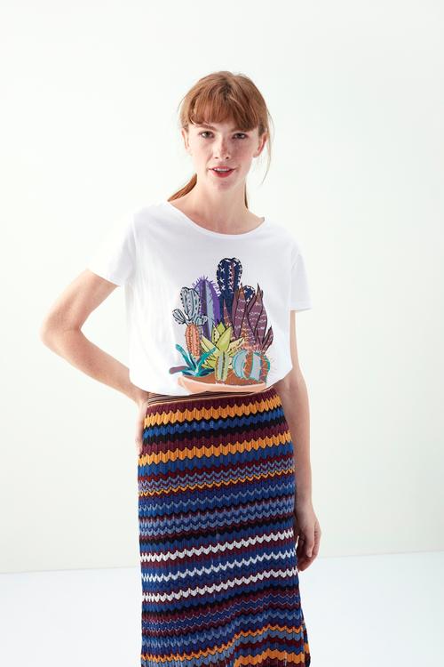  KAKTÜS BASKILI BİSİKLET YAKA KISA KOL T-SHİRT