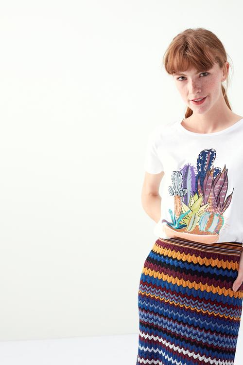  KAKTÜS BASKILI BİSİKLET YAKA KISA KOL T-SHİRT