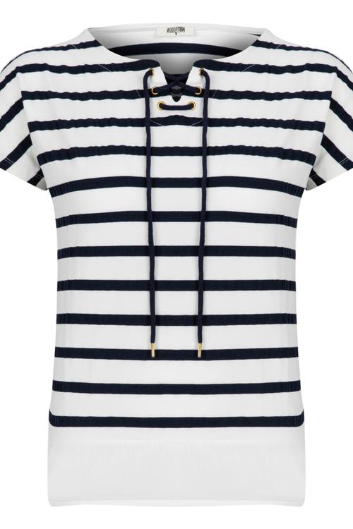  BAĞLAMA YAKALI ÇİZGİLİ KISA KOL T-SHİRT