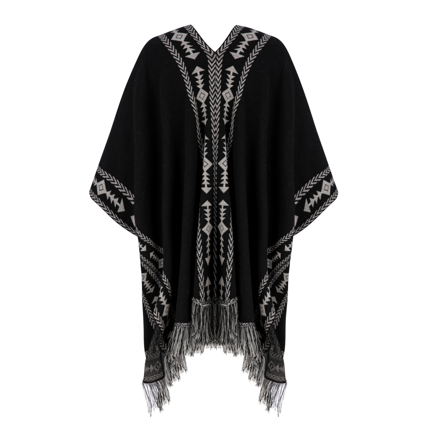 PÜSKÜL DETAYLI ETNİK DESENLİ PANÇO