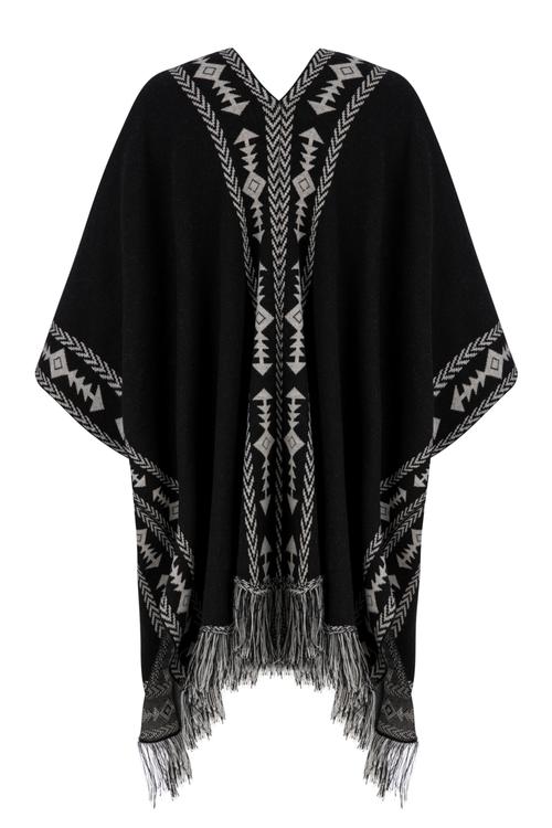  PÜSKÜL DETAYLI ETNİK DESENLİ PANÇO