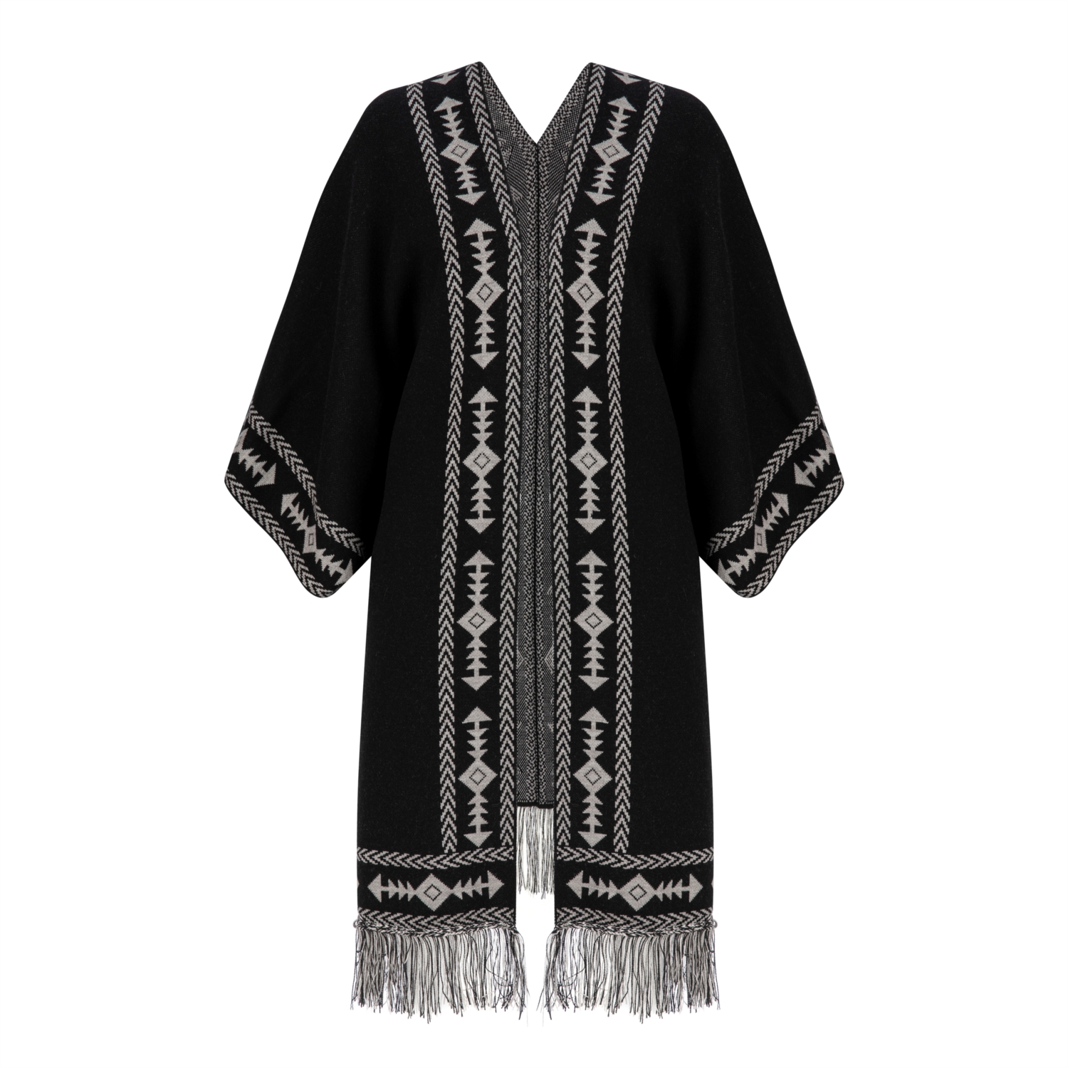 PÜSKÜL DETAYLI ETNİK DESENLİ PANÇO