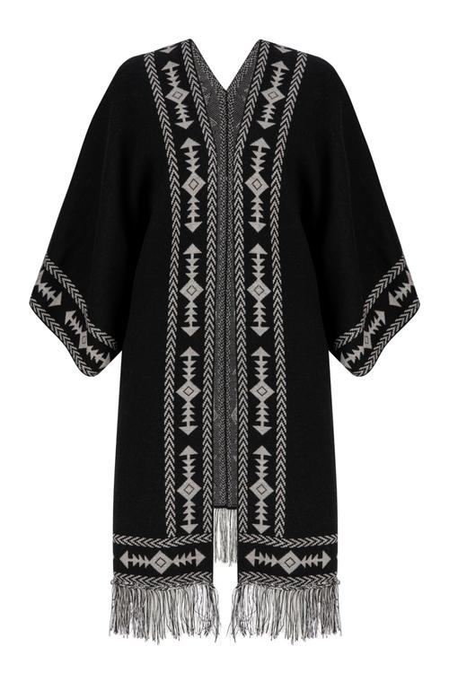  PÜSKÜL DETAYLI ETNİK DESENLİ PANÇO