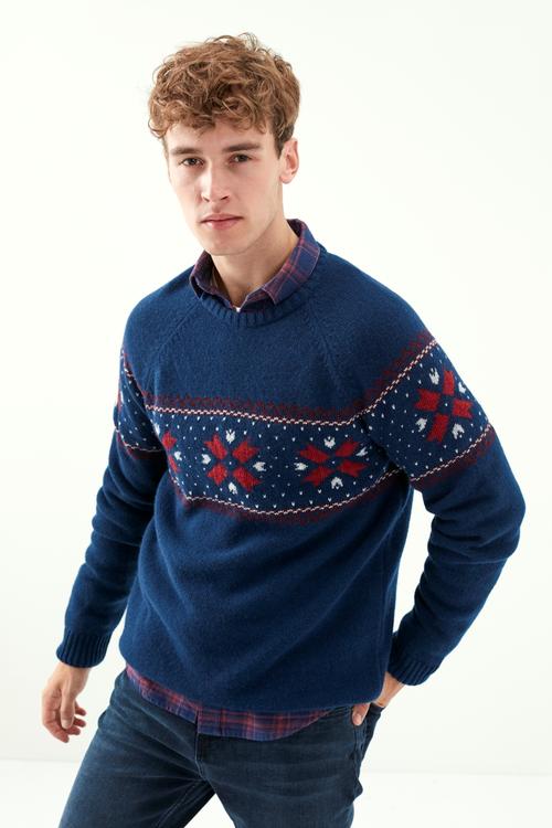  BİSİKLET YAKA İŞLEMELİ YÜN KAZAK