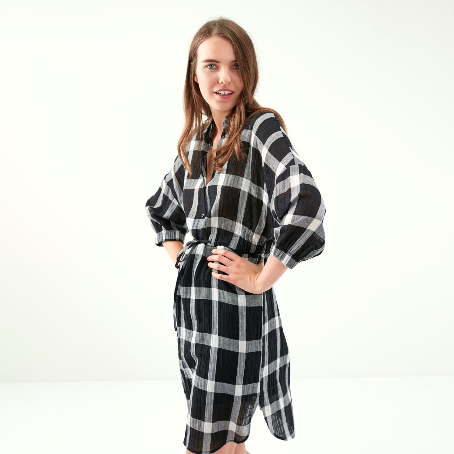 EKOSE DESENLİ MİDİ BOY GÖMLEK ELBİSE