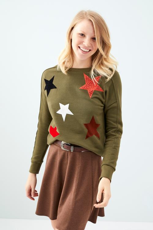  YILDIZ BASKILI BİSİKLET YAKA SWEATSHIRT