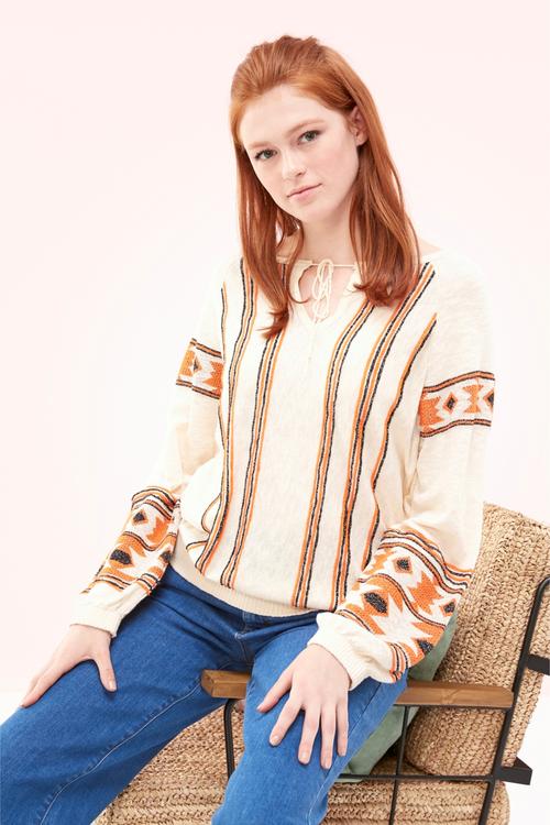  ETNİK DESENLİ SİM DETAYLI BİSİKLET YAKA KAZAK