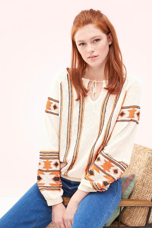  ETNİK DESENLİ SİM DETAYLI BİSİKLET YAKA KAZAK