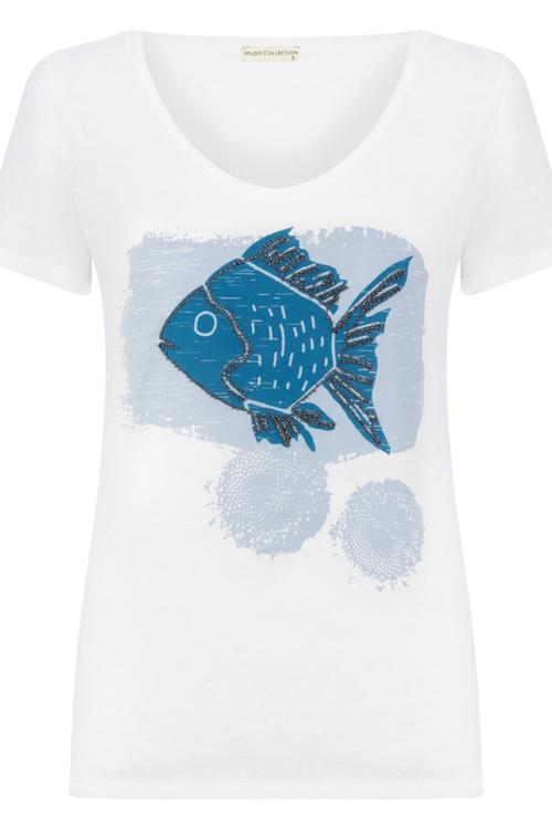  BALIK DESENLİ V YAKA KISA KOL T-SHİRT