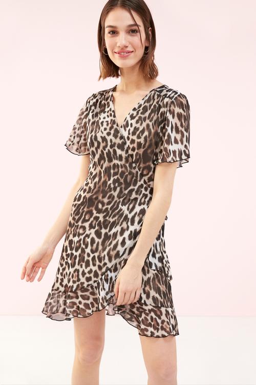  LEOPAR DESENLİ FIRFIRLI ELBİSE