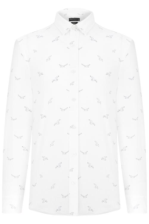  KUŞ DESENLİ REGULAR KETEN GÖMLEK