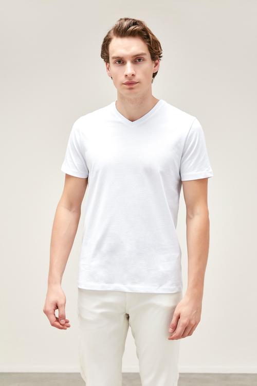  V YAKA PAMUKLU KISA KOLLU T-SHIRT