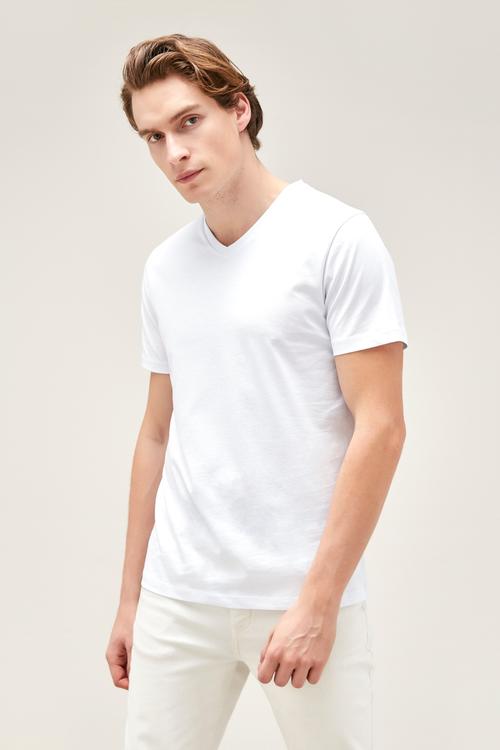  V YAKA PAMUKLU KISA KOLLU T-SHIRT