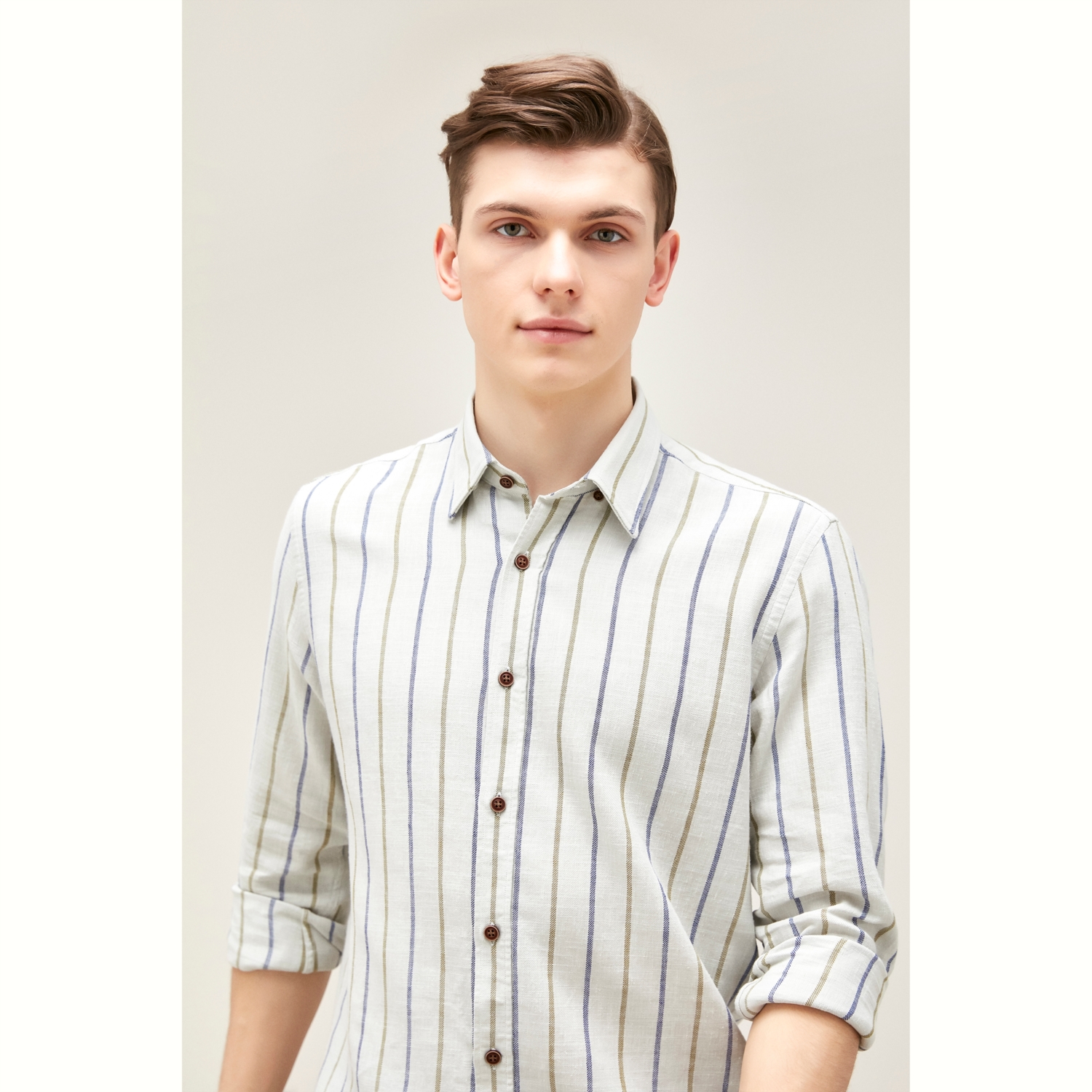 ÇİZGİ DETAYLI REGULAR KETEN GÖMLEK