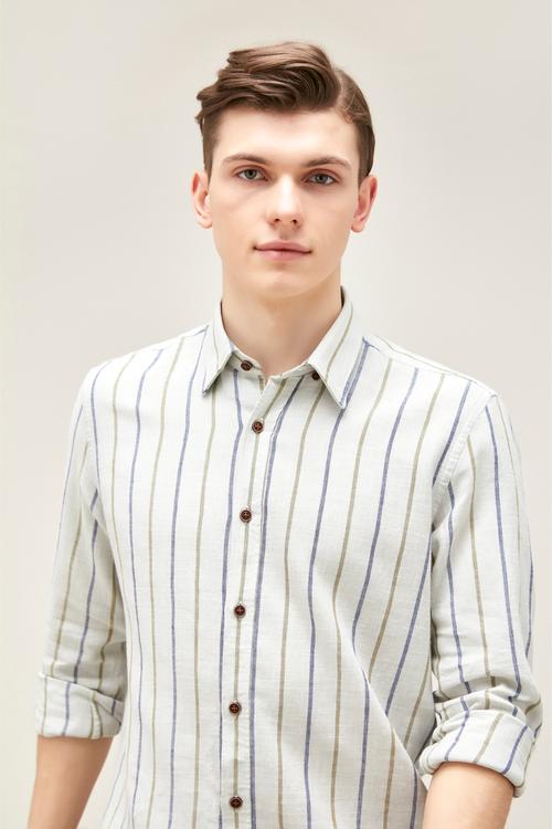  ÇİZGİ DETAYLI REGULAR KETEN GÖMLEK