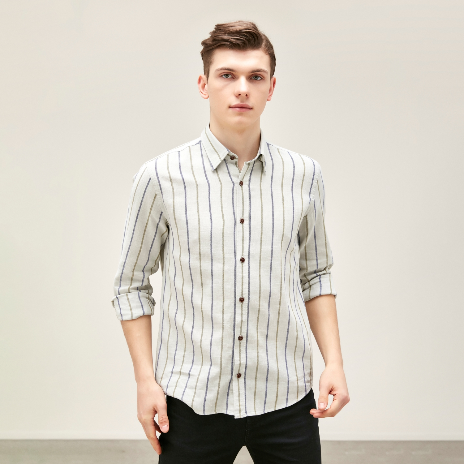 ÇİZGİ DETAYLI REGULAR KETEN GÖMLEK