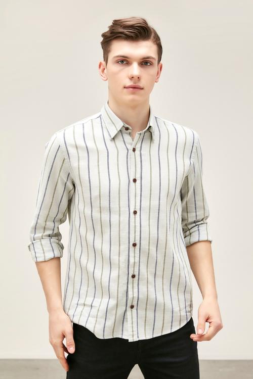  ÇİZGİ DETAYLI REGULAR KETEN GÖMLEK