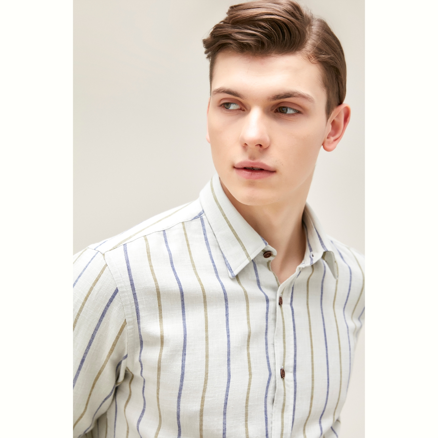 ÇİZGİ DETAYLI REGULAR KETEN GÖMLEK