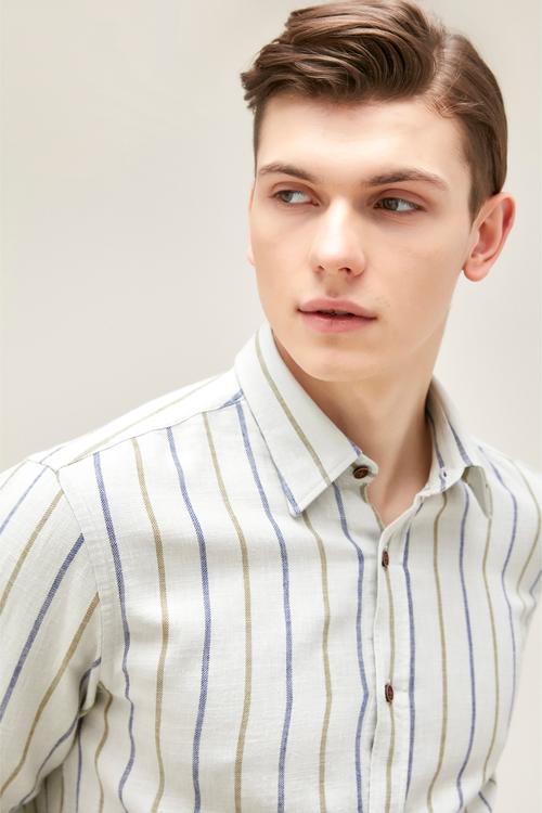  ÇİZGİ DETAYLI REGULAR KETEN GÖMLEK