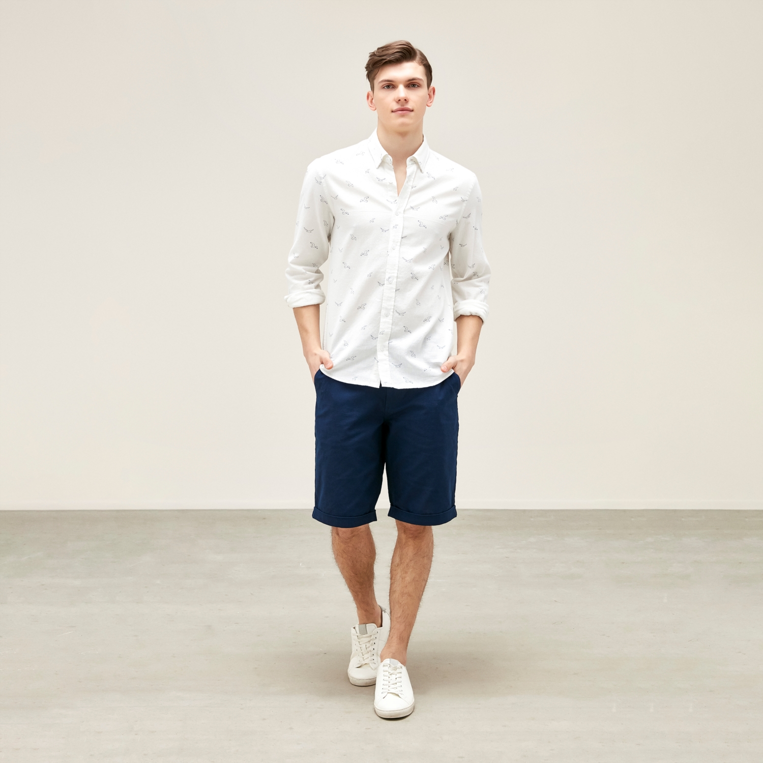 KUŞ DESENLİ REGULAR KETEN GÖMLEK