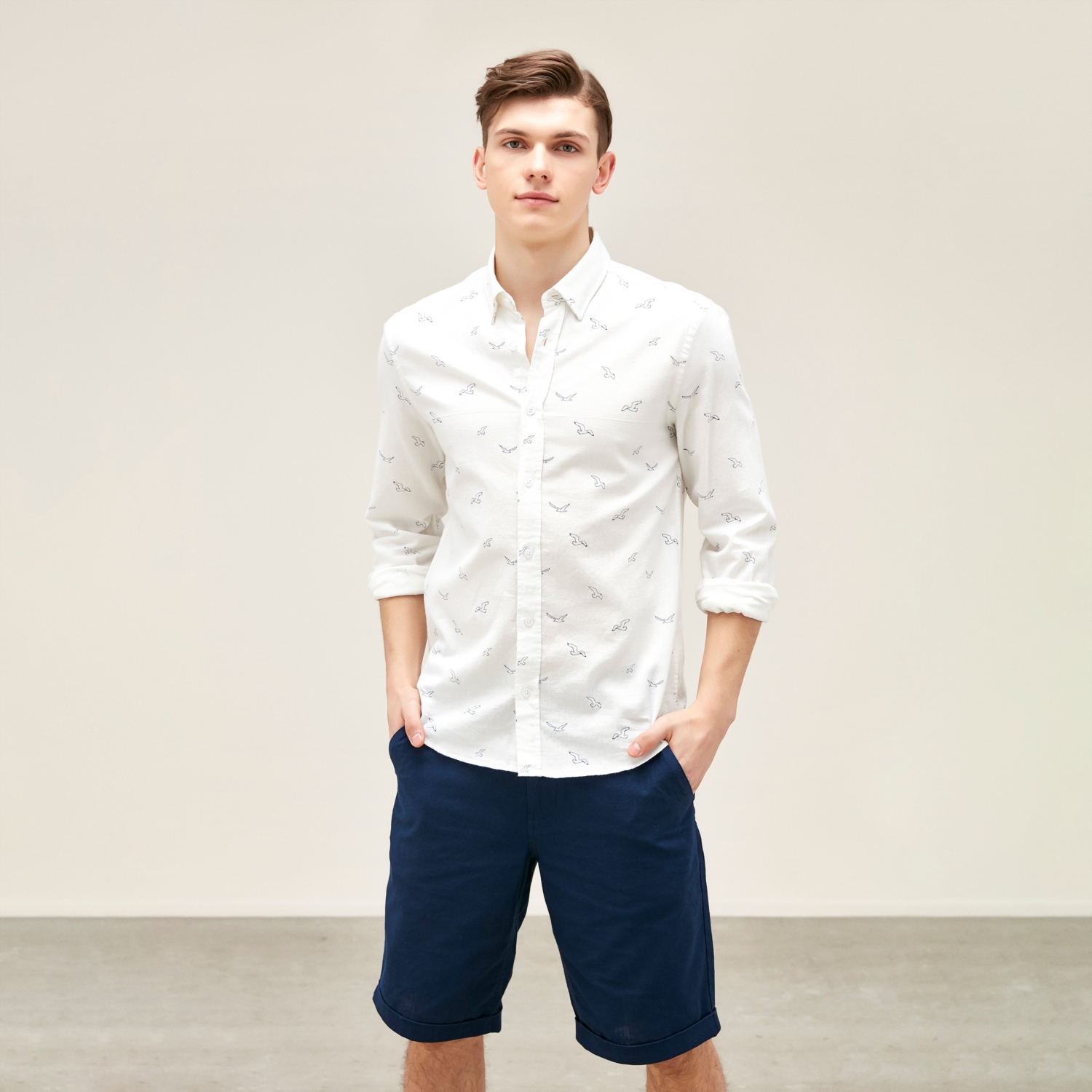 KUŞ DESENLİ REGULAR KETEN GÖMLEK