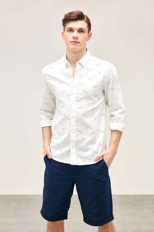  KUŞ DESENLİ REGULAR KETEN GÖMLEK