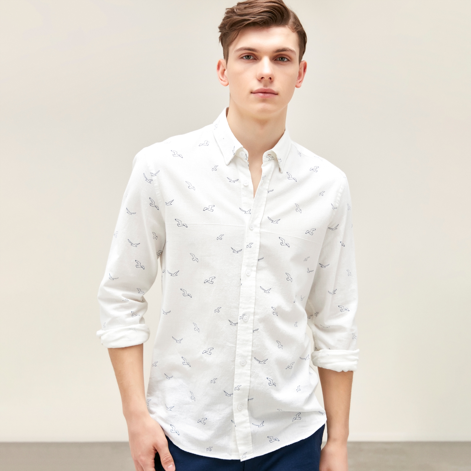 KUŞ DESENLİ REGULAR KETEN GÖMLEK