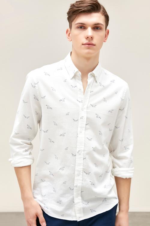  KUŞ DESENLİ REGULAR KETEN GÖMLEK