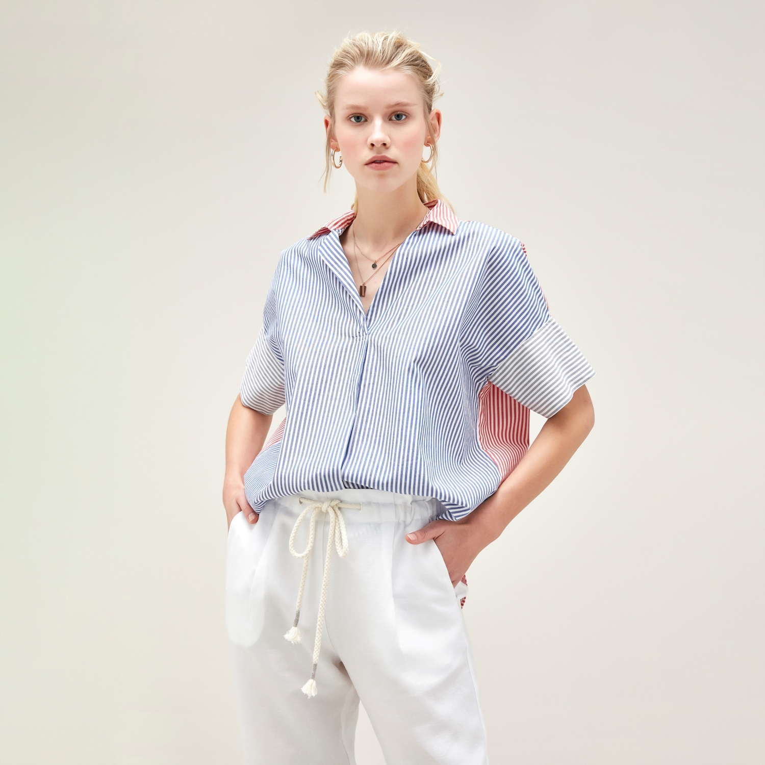 ÇİZGİ DETAYLI CASUAL PAMUKLU BLUZ