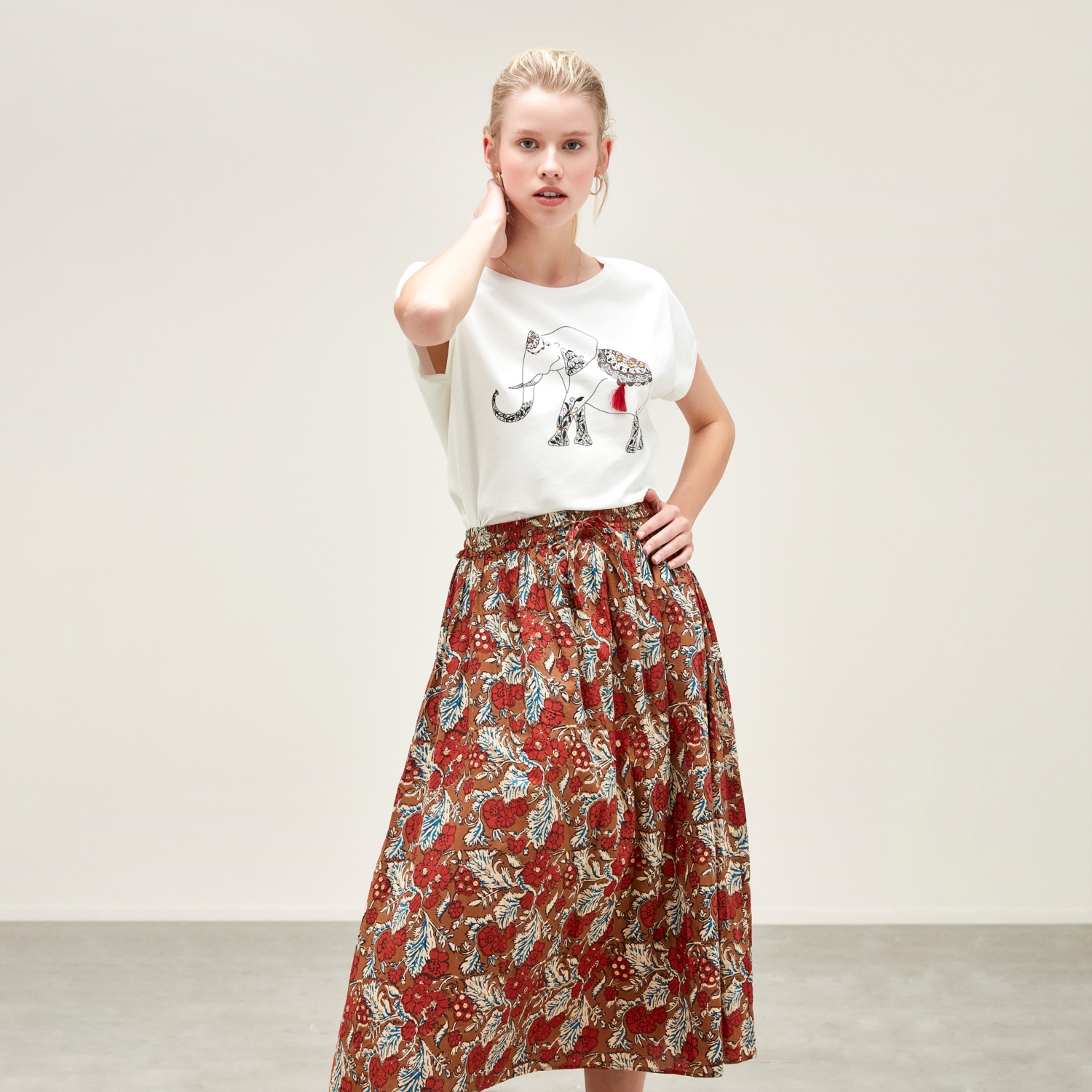 ÇİÇEK DESENLİ MİDİ BOY PAMUKLU KLOŞ ETEK