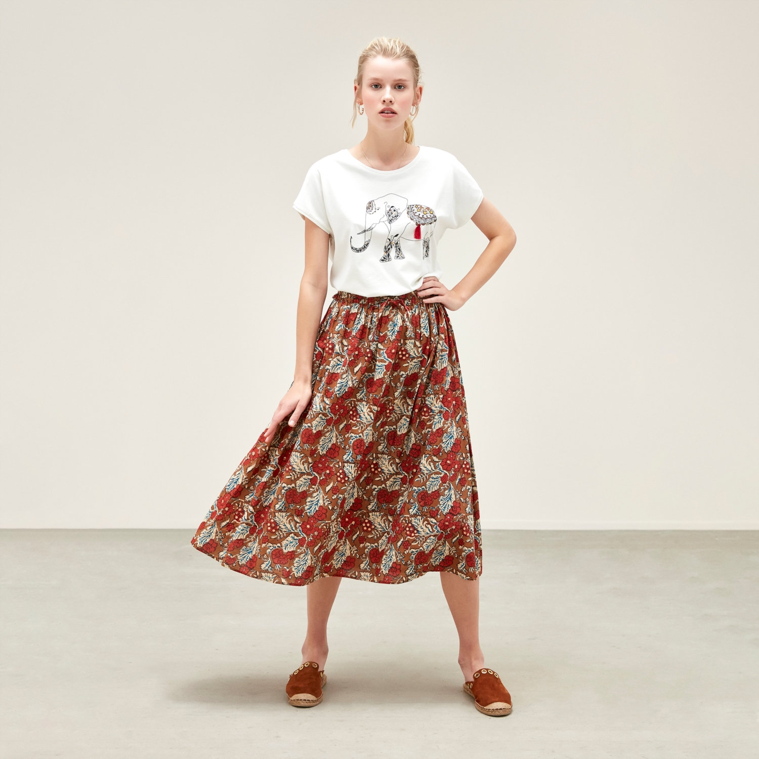 ÇİÇEK DESENLİ MİDİ BOY PAMUKLU KLOŞ ETEK