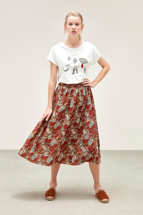  ÇİÇEK DESENLİ MİDİ BOY PAMUKLU KLOŞ ETEK