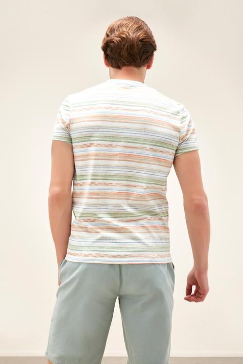  RENKLİ ÇİZGİLİ BİSİKLET YAKA KISA KOL T-SHIRT