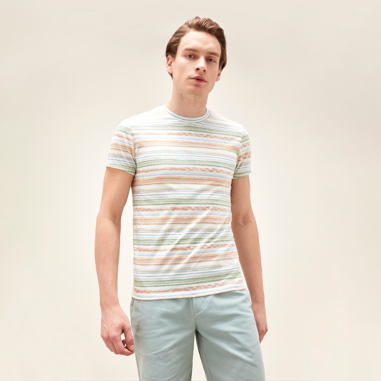 RENKLİ ÇİZGİLİ BİSİKLET YAKA KISA KOL T-SHIRT