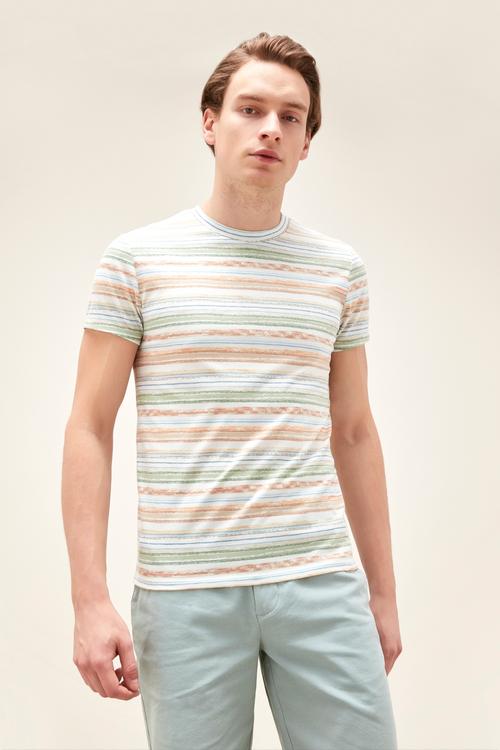  RENKLİ ÇİZGİLİ BİSİKLET YAKA KISA KOL T-SHIRT