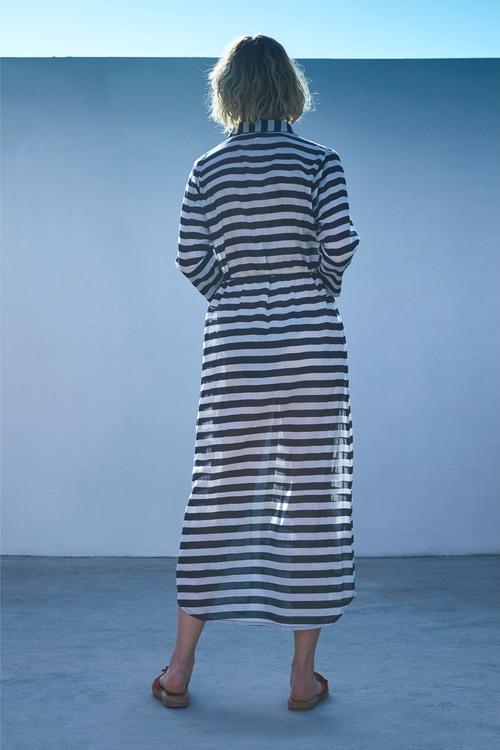  ÇİZGİ DETAYLI PAMUKLU PLAJ ELBİSESİ