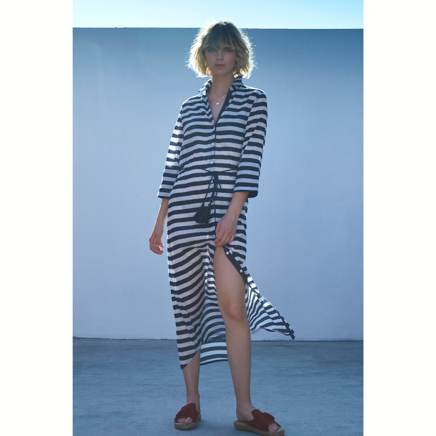 ÇİZGİ DETAYLI PAMUKLU PLAJ ELBİSESİ