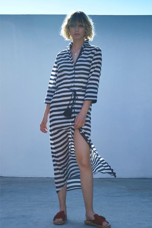  ÇİZGİ DETAYLI PAMUKLU PLAJ ELBİSESİ