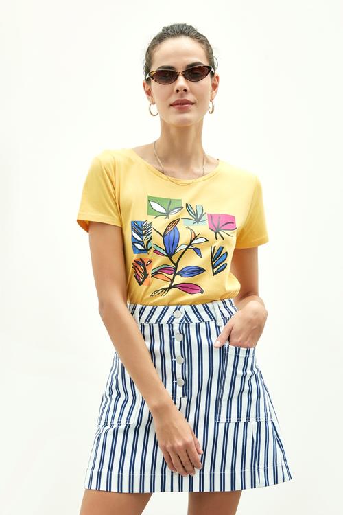  BASKILI PAMUKLU BİSİKLET YAKA T-SHIRT